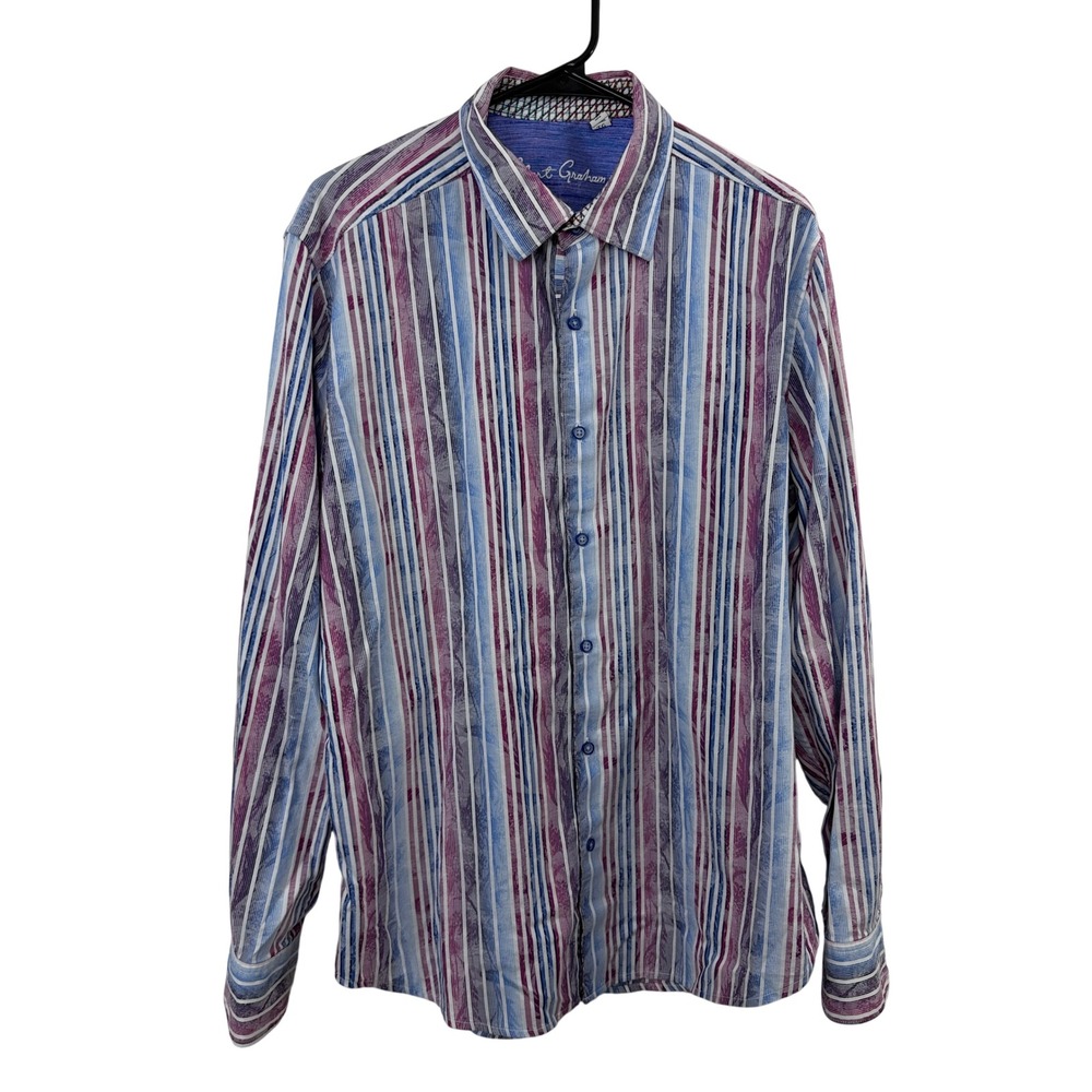 Robert Graham Shirt Mens XL Blue Stripe Floral Classic Fit Long Sleeve Button Up